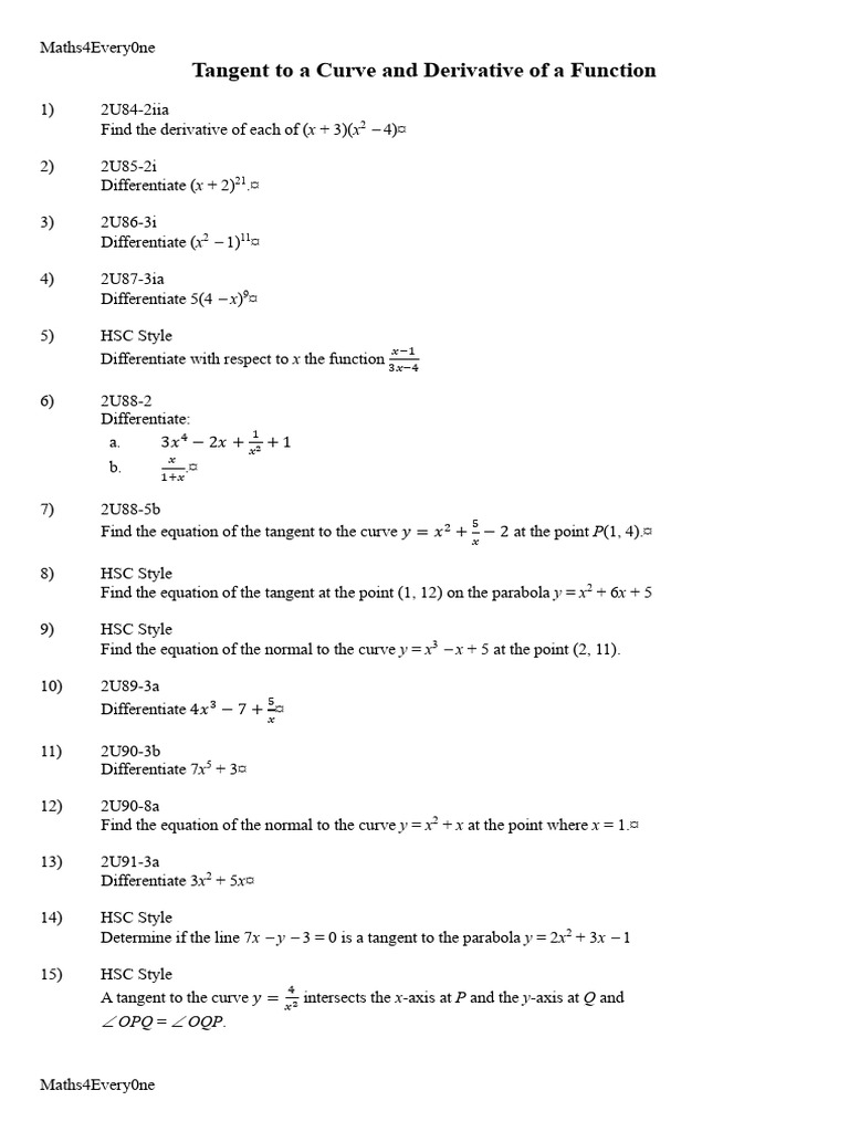 Tangent - Derivative HSC Questions | PDF | Tangent | Slope