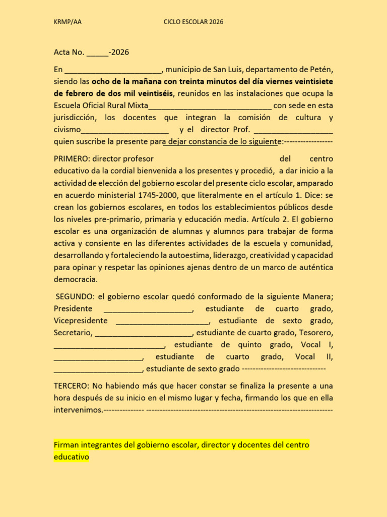 Acta de Gobierno Escolar 2026 | PDF