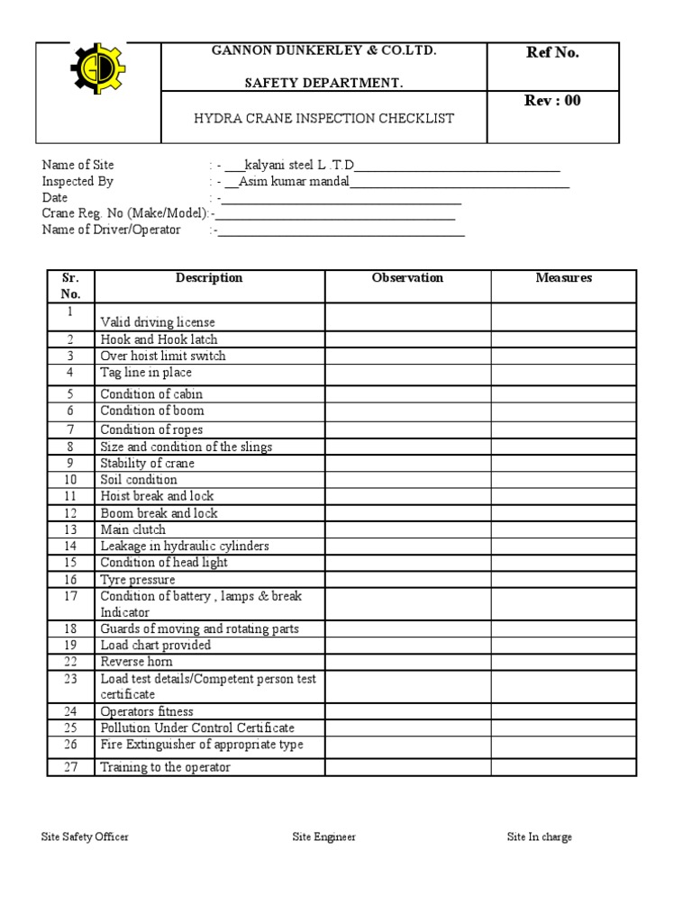 Crane Inspection Checklist Form | PDF