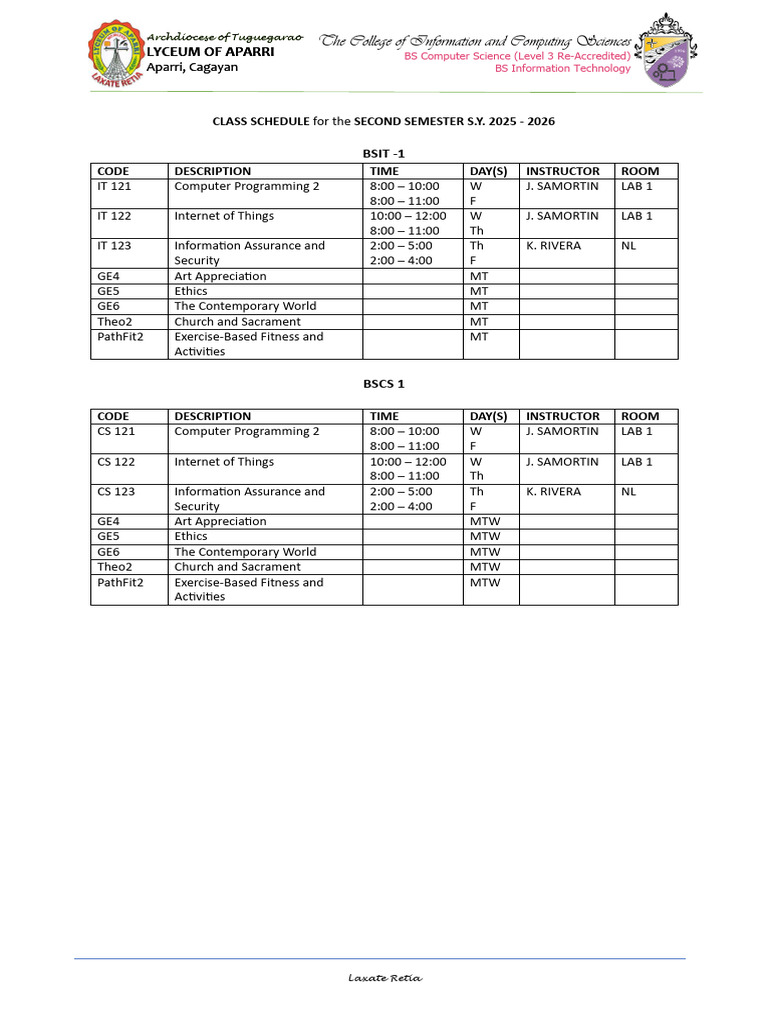 Class Schedule Second Semester 2025 26 | PDF | Computing | Computer Science