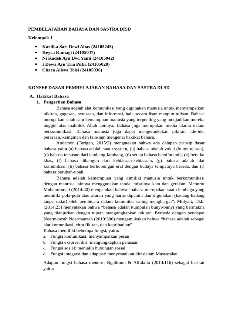 Konsep Dasar Pembelajaran Bahasa Dan Sastra Di SD | PDF