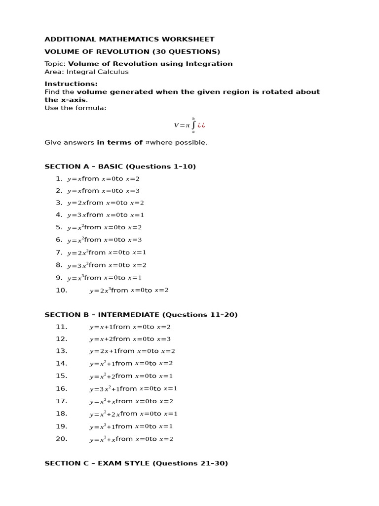 Additional Mathematics Worksheet On Integration | PDF | Volume ...