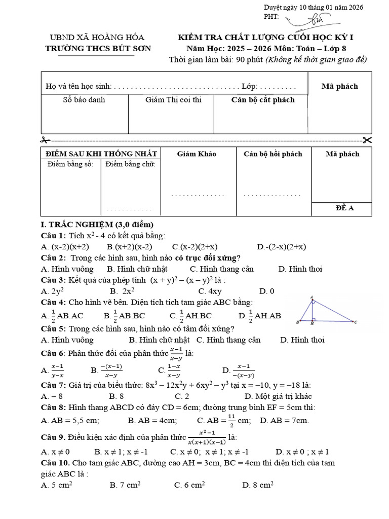 Đề A KTCK 1 - Toán (25 Tờ) | PDF