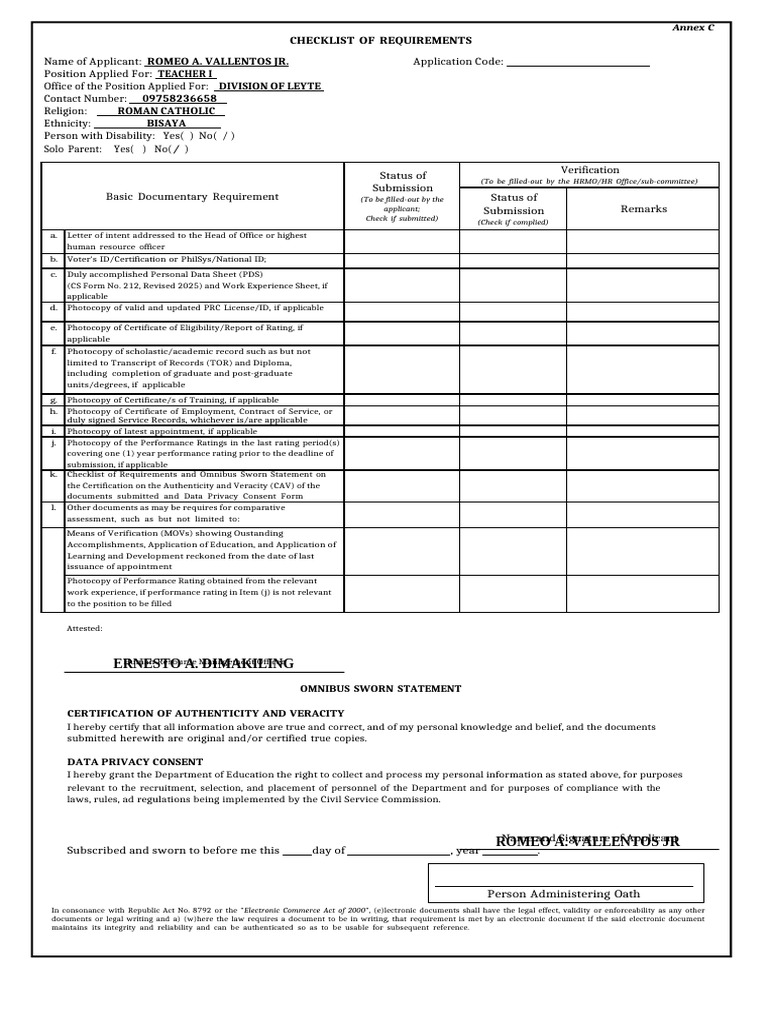 K. Teacher 1 Position Checklist of Requirements and CAV 2026 2027 | PDF ...
