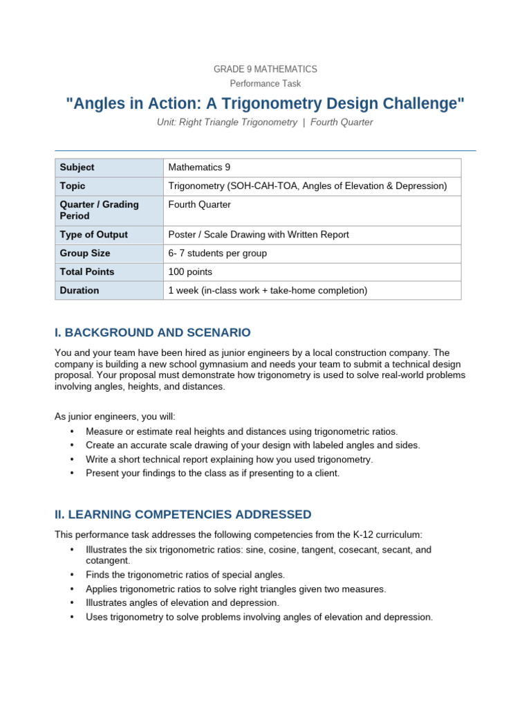 Grade9 Trigonometry PerformanceTask | PDF | Trigonometric Functions ...