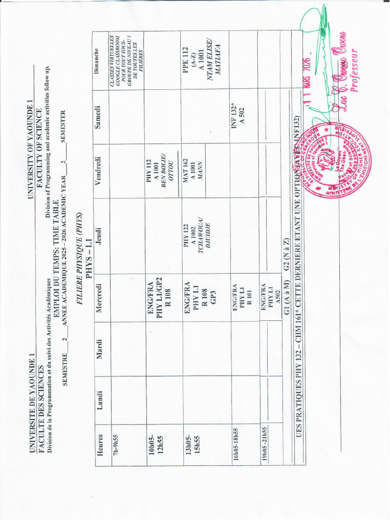 Emploi Du Temps, Semestre 2, 2025-2026 Phys l1 | PDF