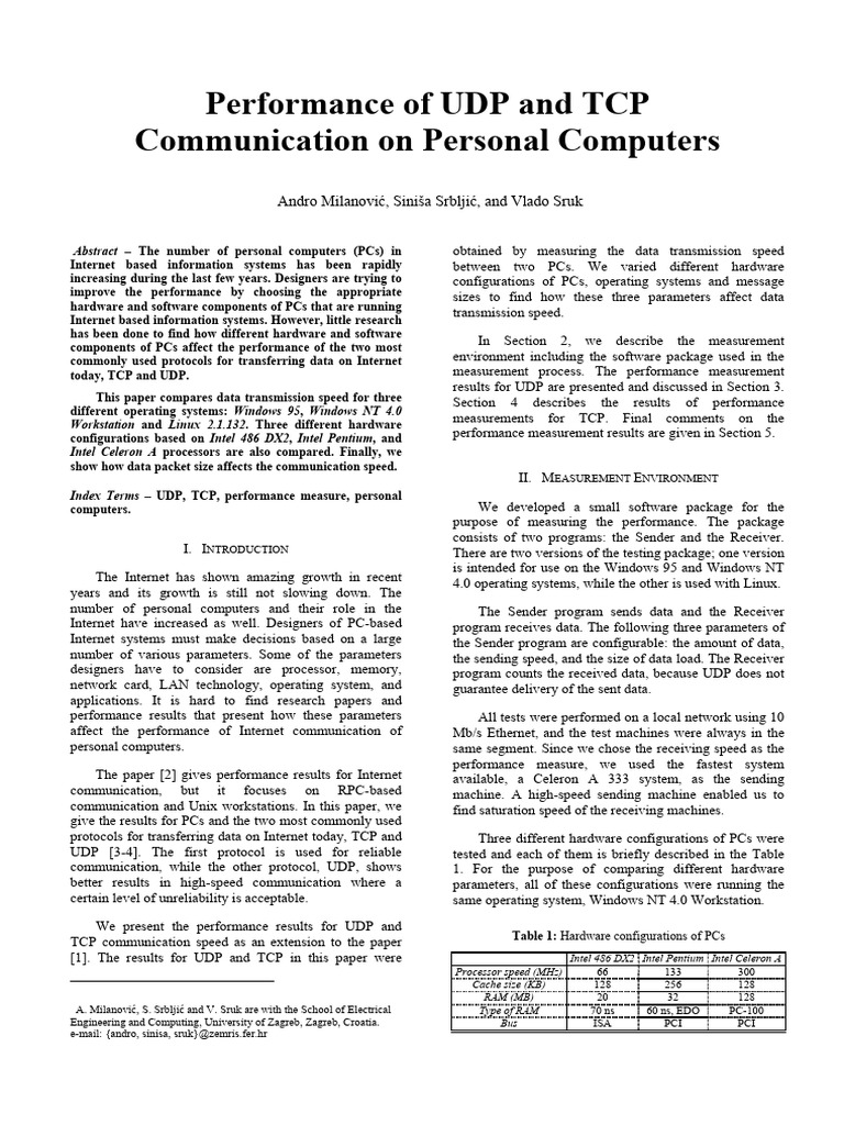 Performance of UDP and TCP Communication On Personal Computers | PDF ...