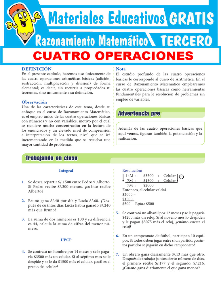 Cuatro Operaciones para Tercer Grado de Secundaria | PDF | Aritmética ...