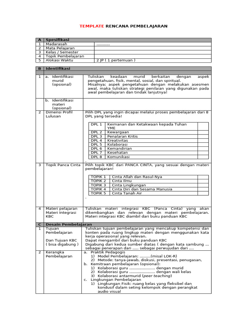 Template RPP 2026 Dan RPP Ko | PDF