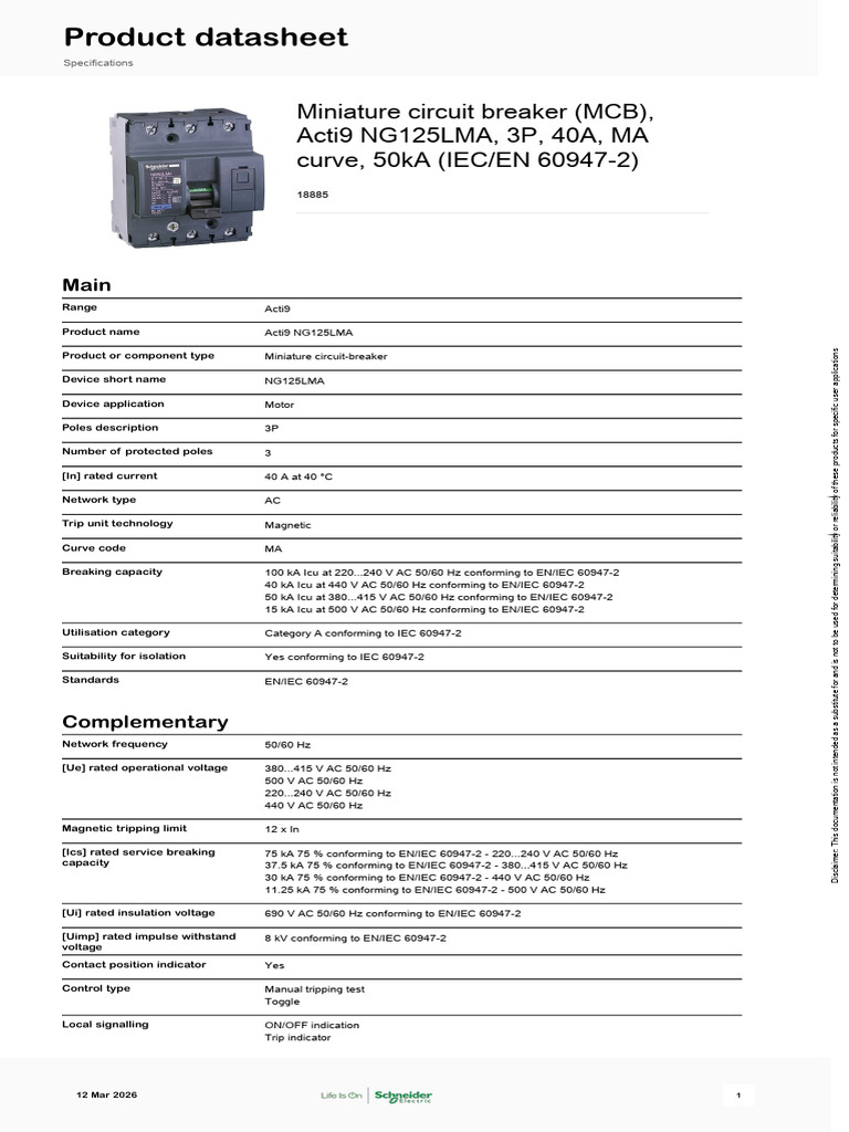 PES Schneider Electric Acti-9-NG125-LMA 18885 | PDF | Alternating ...