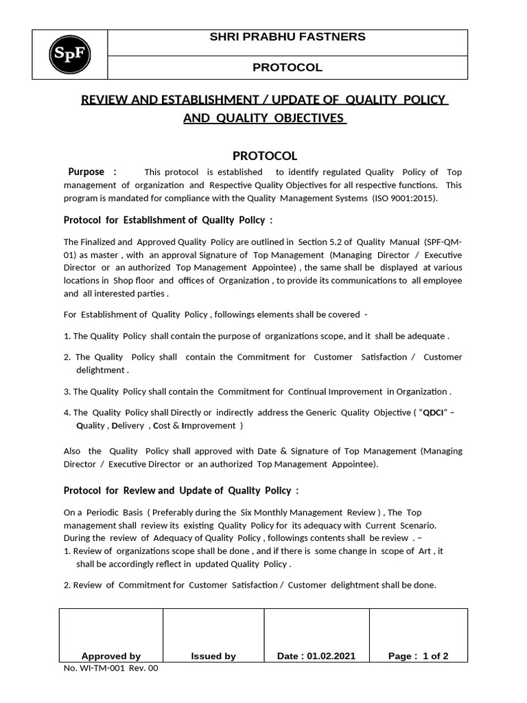 Protocol for Quality Policy & Quality Objective Review | PDF | Quality ...
