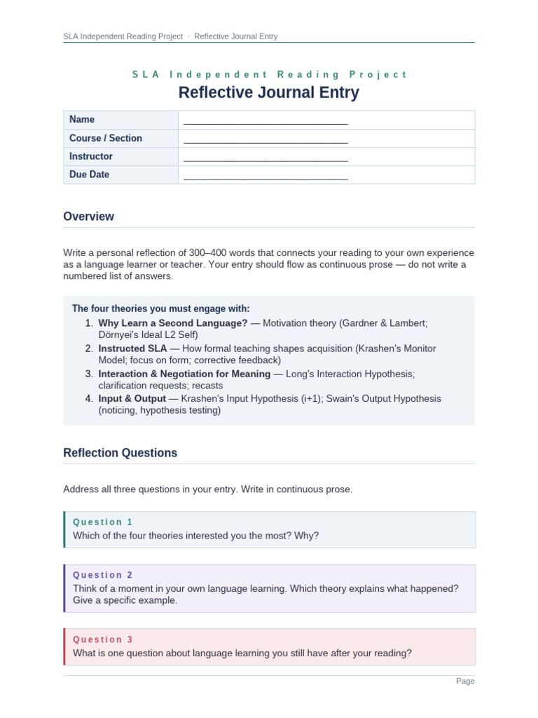 SLA Reflective Journal | PDF | Second Language Acquisition | Cognitive ...