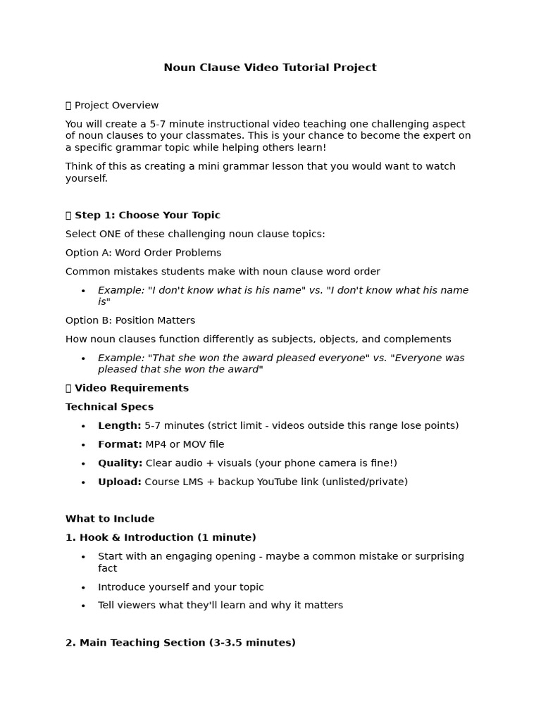 Noun Clause Video Tutorial Project - Due 13 September 2025 | PDF ...