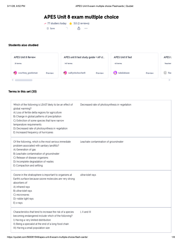 APES Unit 8 Exam Multiple Choice Flashcards - Quizlet | PDF ...