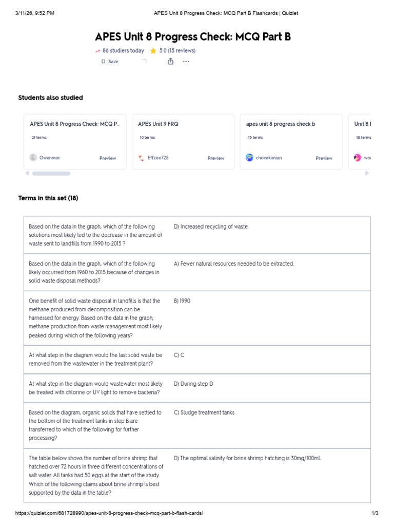 APES Unit 8 Progress Check - MCQ Part B Flashcards - Quizlet | PDF ...