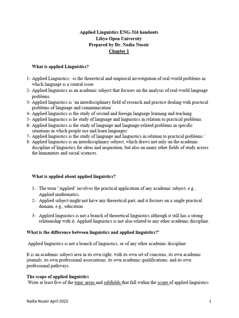 Applied Linguistics Handout | PDF | Language Education | Linguistics