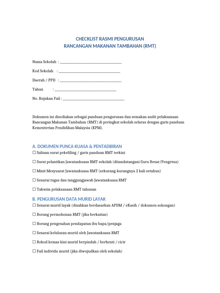 Checklist Rasmi Pengurusan RMT | PDF