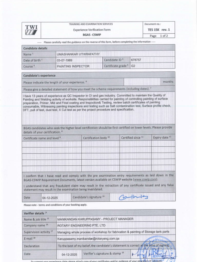 TES 15K - Experience Verification BGAS (Rev.1) | PDF