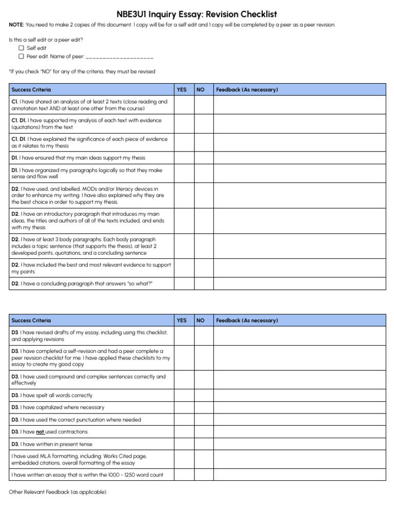 NBE3U Inquiry Essay- Revision Checklist.pdf | PDF | Essays | Thesis