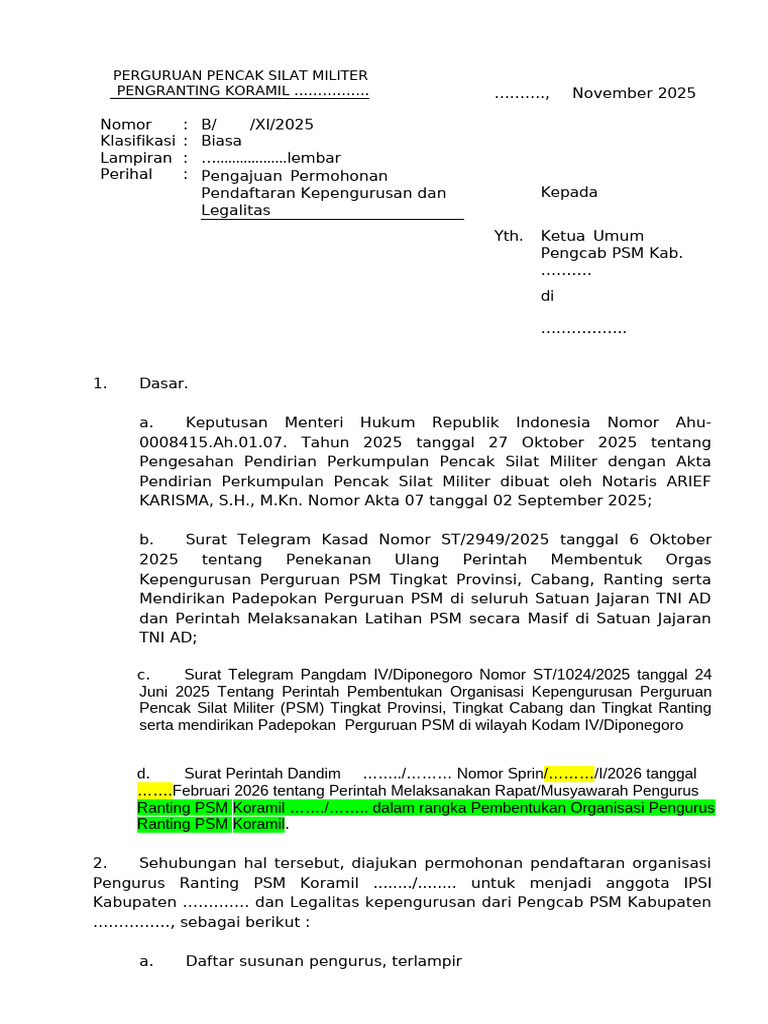CONTOH Surat Permohonan Pendaftaran Anggota Dan Legalitas Ranting ...