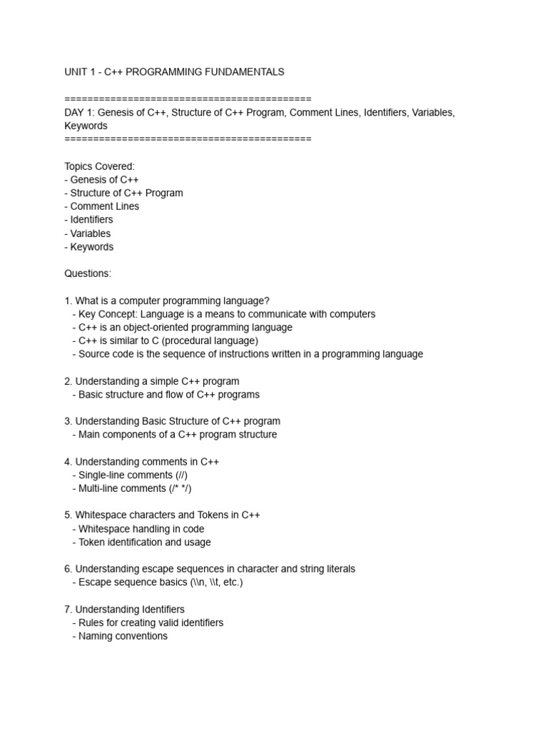 C++ Programming - Day 1 to Day 9 Questions and Code Analysis | PDF ...