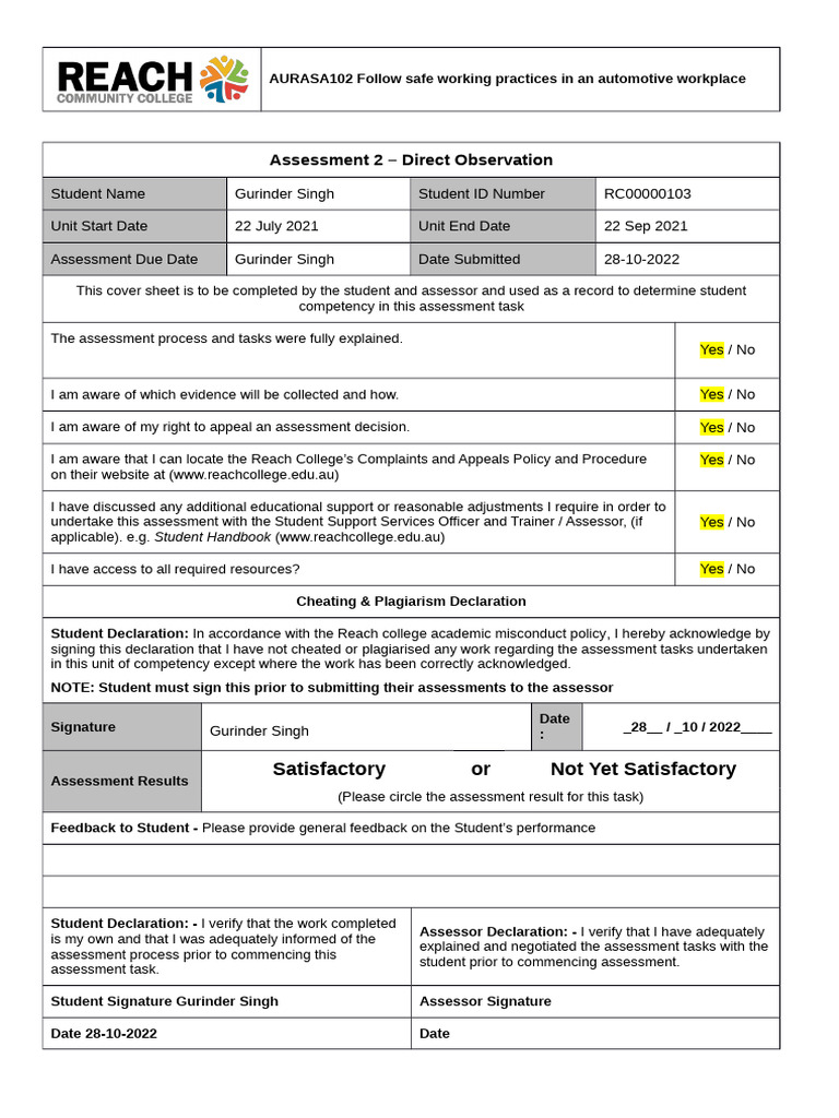 Assessment 2 Direct Observation Practical Demon AURASA102.Docx | PDF ...