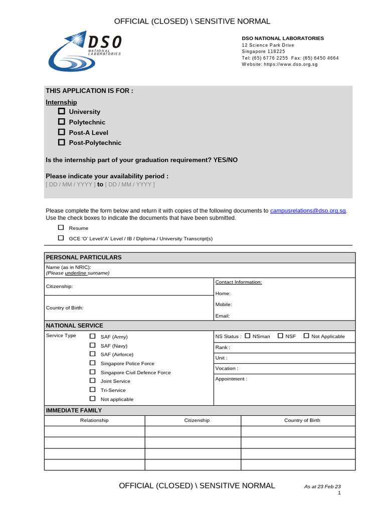 DSO Application Form Internship | PDF