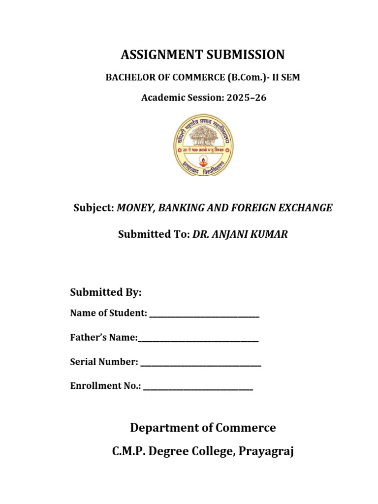 BCom II Sem Assignment Front Page | PDF | Educational Stages | Economies