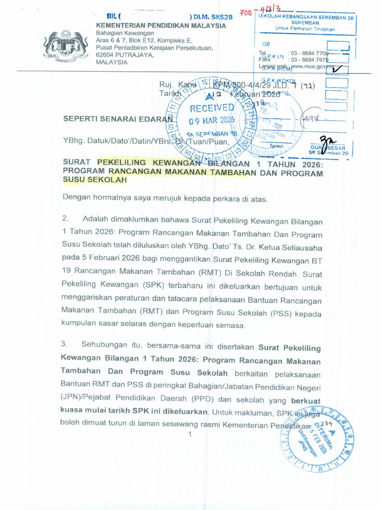 Pekeliling Kewangan Bil 1 Tahun 2026 RMT DAN PSS | PDF