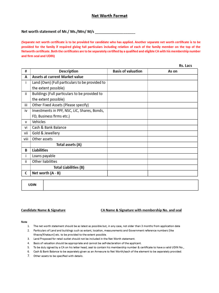 Format For Net-Worth Certificate | PDF