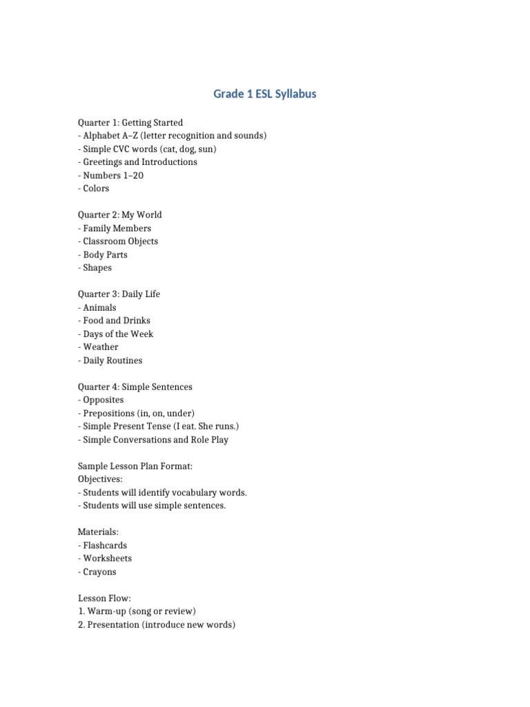 Grade 1 ESL Syllabus | PDF