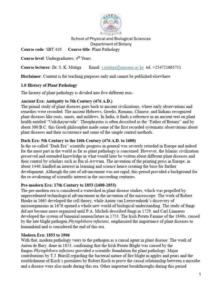 SBT 410 Plant Pathology Notes -2026 | PDF | Pathogen | Infection