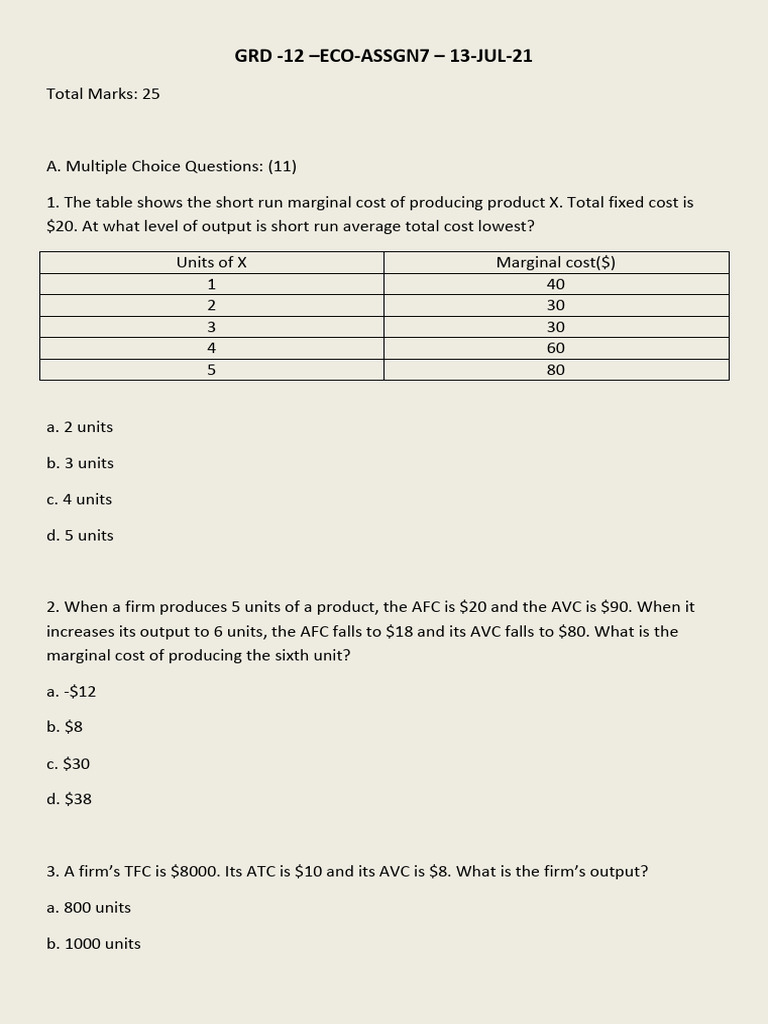 A Levels Economics Revision Paper 7 | PDF | Marginal Cost | Average Cost