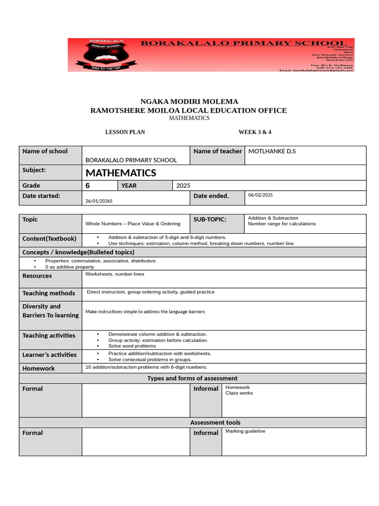 Mathematics Grade 6 Lesson Plan Week 3& 4 Term 1 | PDF | Lesson Plan ...