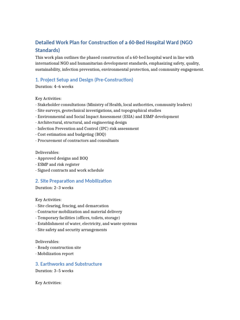 Detailed Work Plan 60 Bed Hospital Ward NGO Standards | PDF | Civil ...