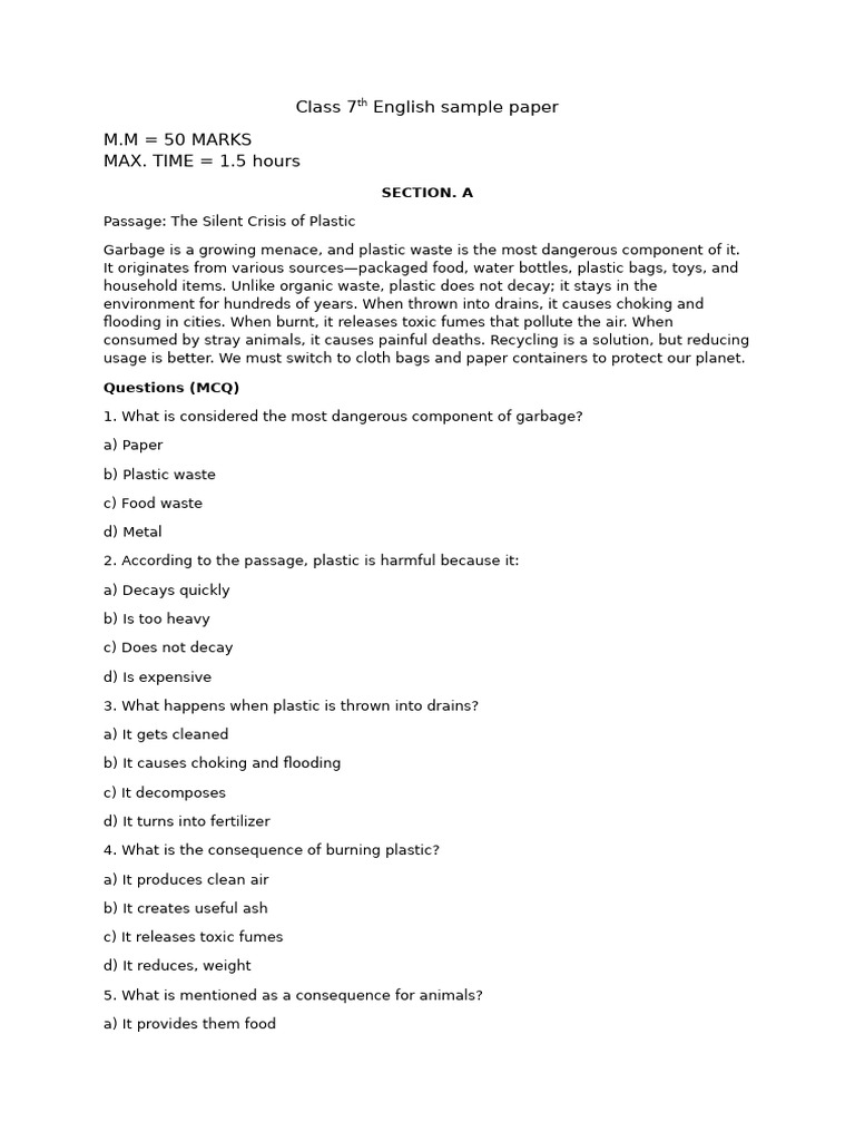 Class 7th English Sample Paper | PDF | Trees | Waste