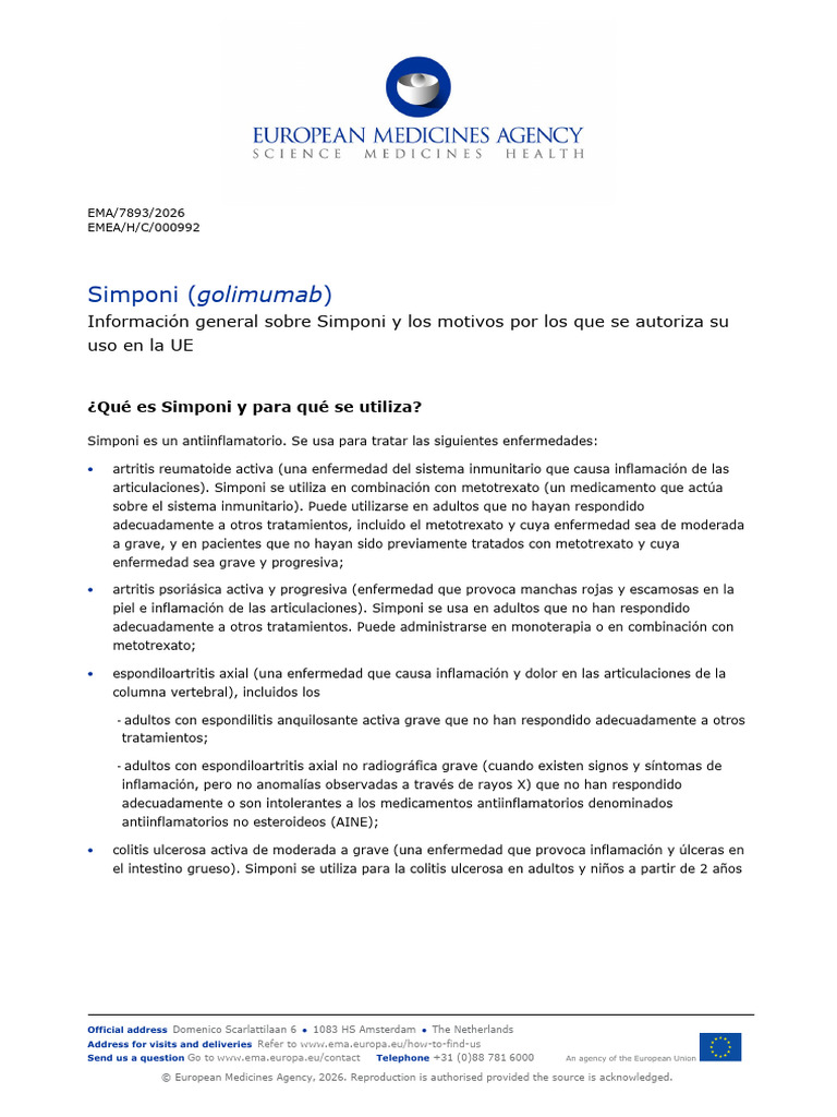 Simponi Epar Medicine Overview - Es | PDF | Artritis | Efecto adverso