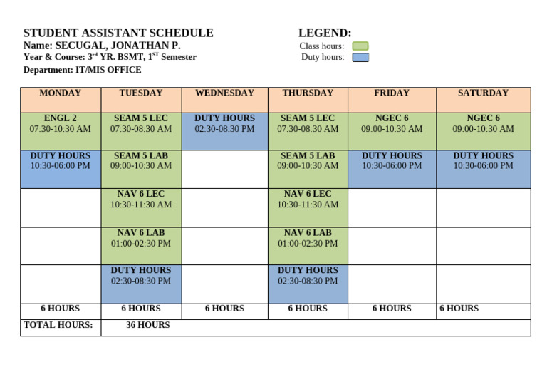 Student Assistant Schedule Jonathan 2025 (4) | PDF