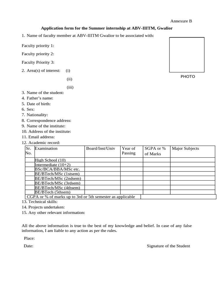 Application Form Summer Internship | PDF
