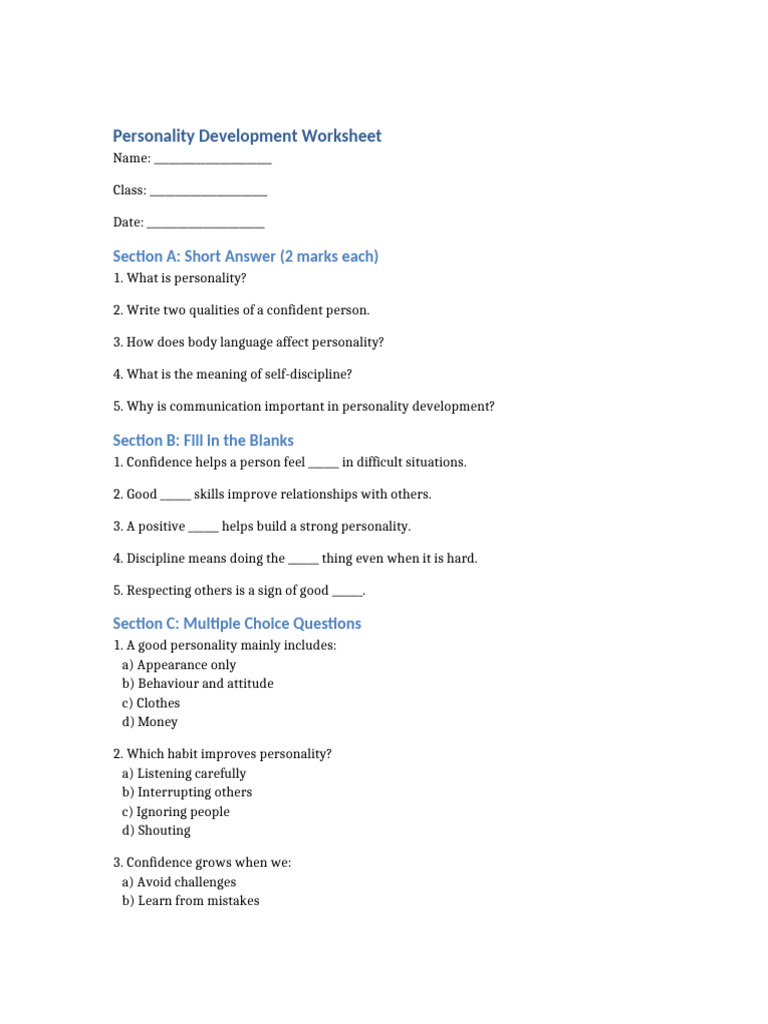 Personality Development Worksheet | PDF