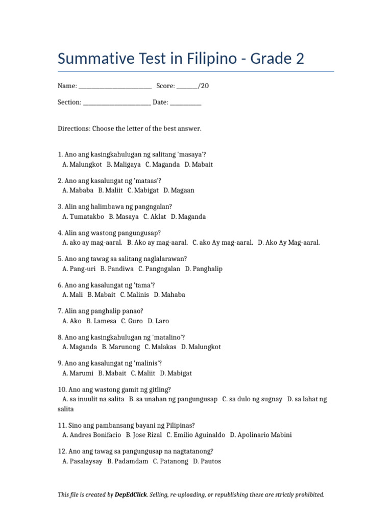 Summative Test Filipino 2 | PDF