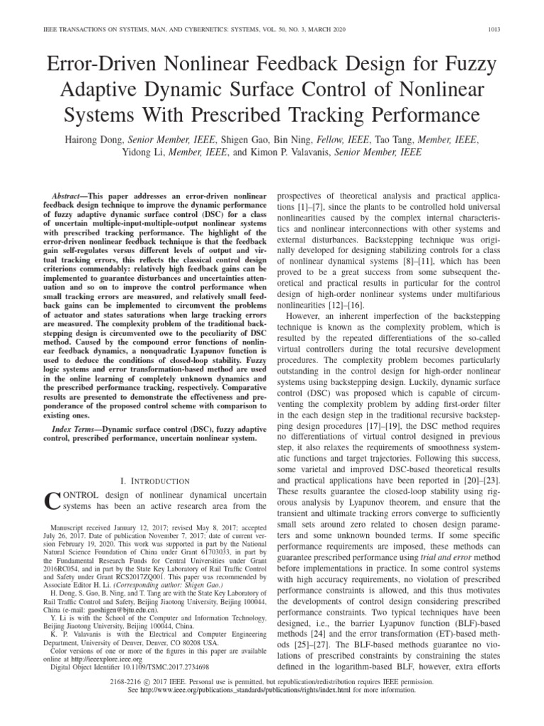 Error-Driven Nonlinear Feedback Design for Fuzzy Adaptive Dynamic ...