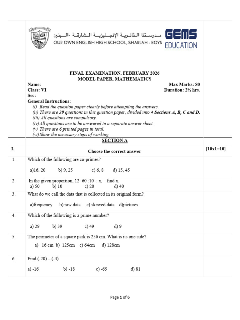 GR 6-Maths FINAL Model Paper-Feb 2026 | PDF | Area | Length