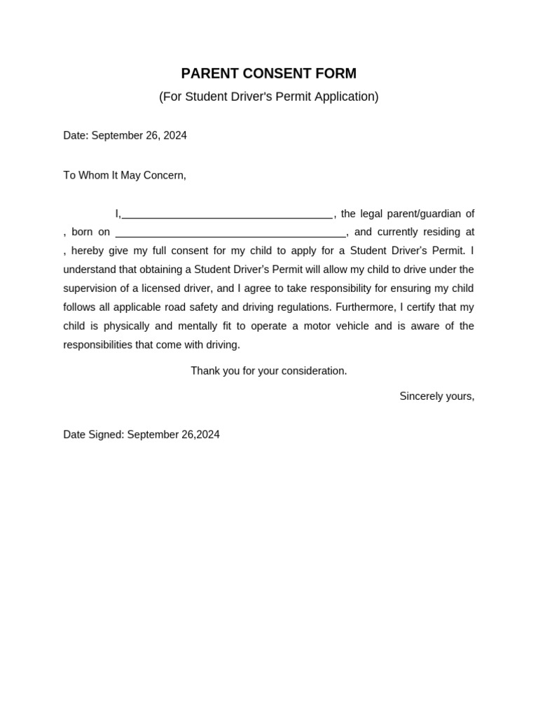 Student Permit Parent Consent Form | PDF