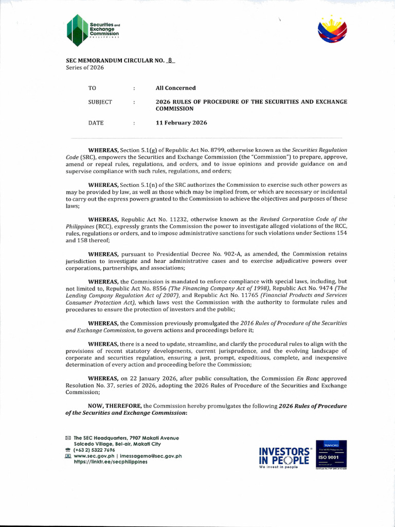 SEC Memo. Cir. No. 8-2026 - SEC Rules of Procedure | PDF