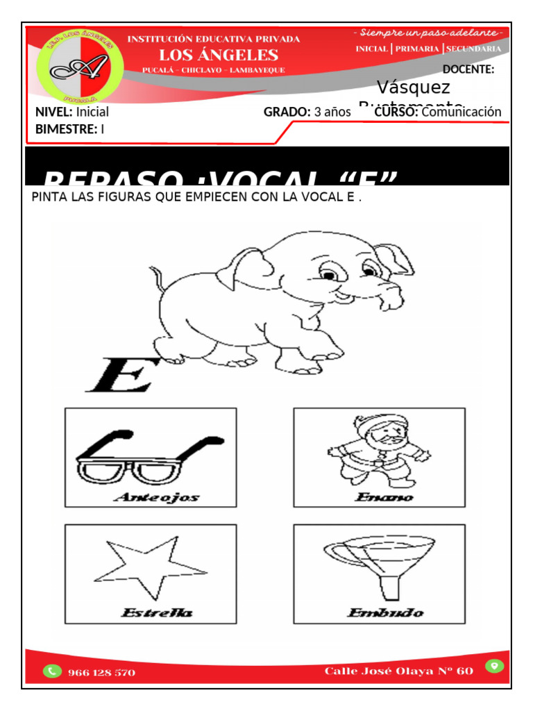 FORMATO PARA FICHAS - 3 Años Comunicacion La Vocal E Repaso 14 de ABRIL ...