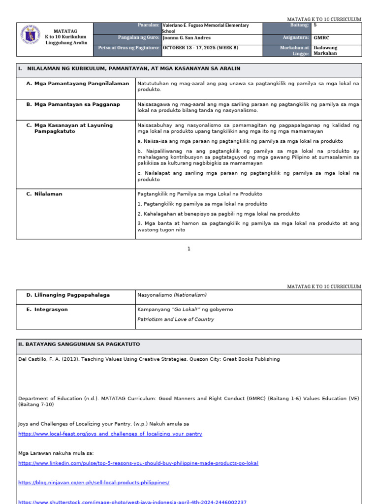DLL Matatag - GMRC 5 q2 w8 | PDF