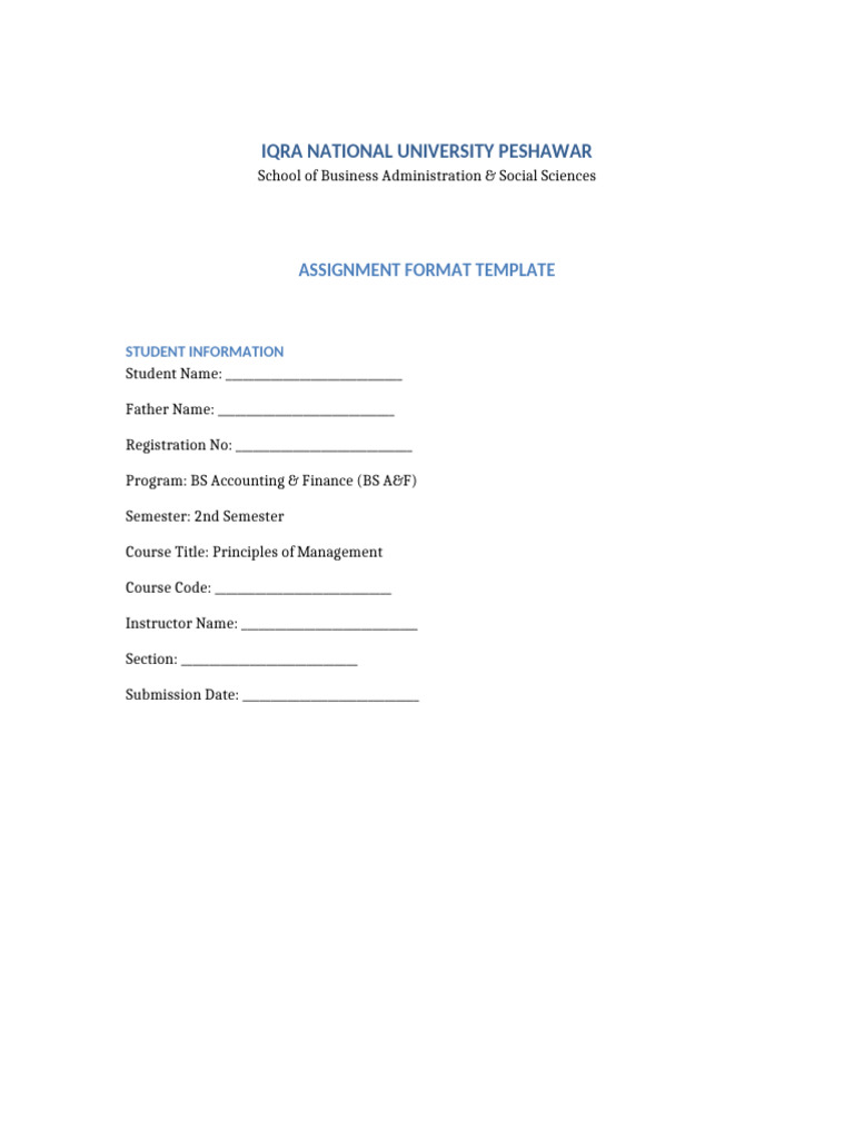 BS AF 2nd Sem Principles of Management Assignment Format INU | PDF