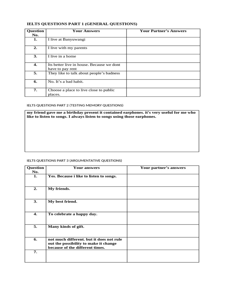 Meeting 10 Ielts Speaking Answer Sheet | PDF