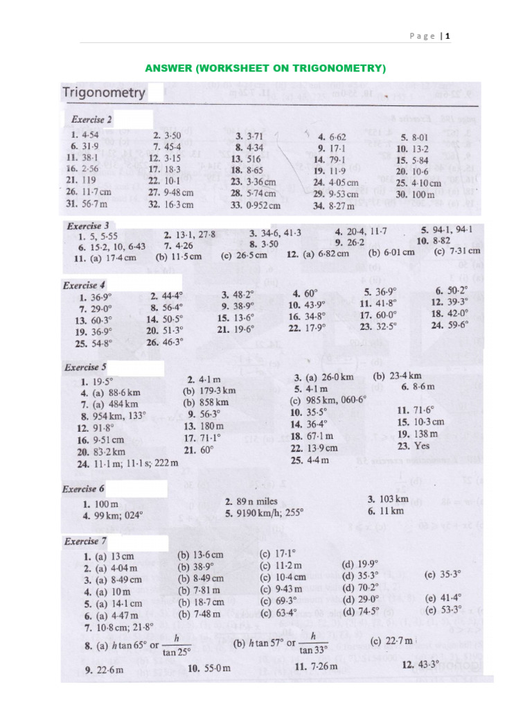 Answer (Worksheet on Trigonometry). Vol 2 Igcse Book | PDF